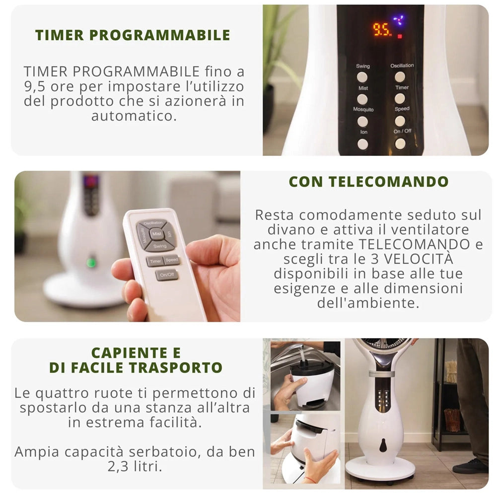 Ventilatore con Ruote Combinato Umidificatore Ioni Anti Zanzare 40x40x110cm