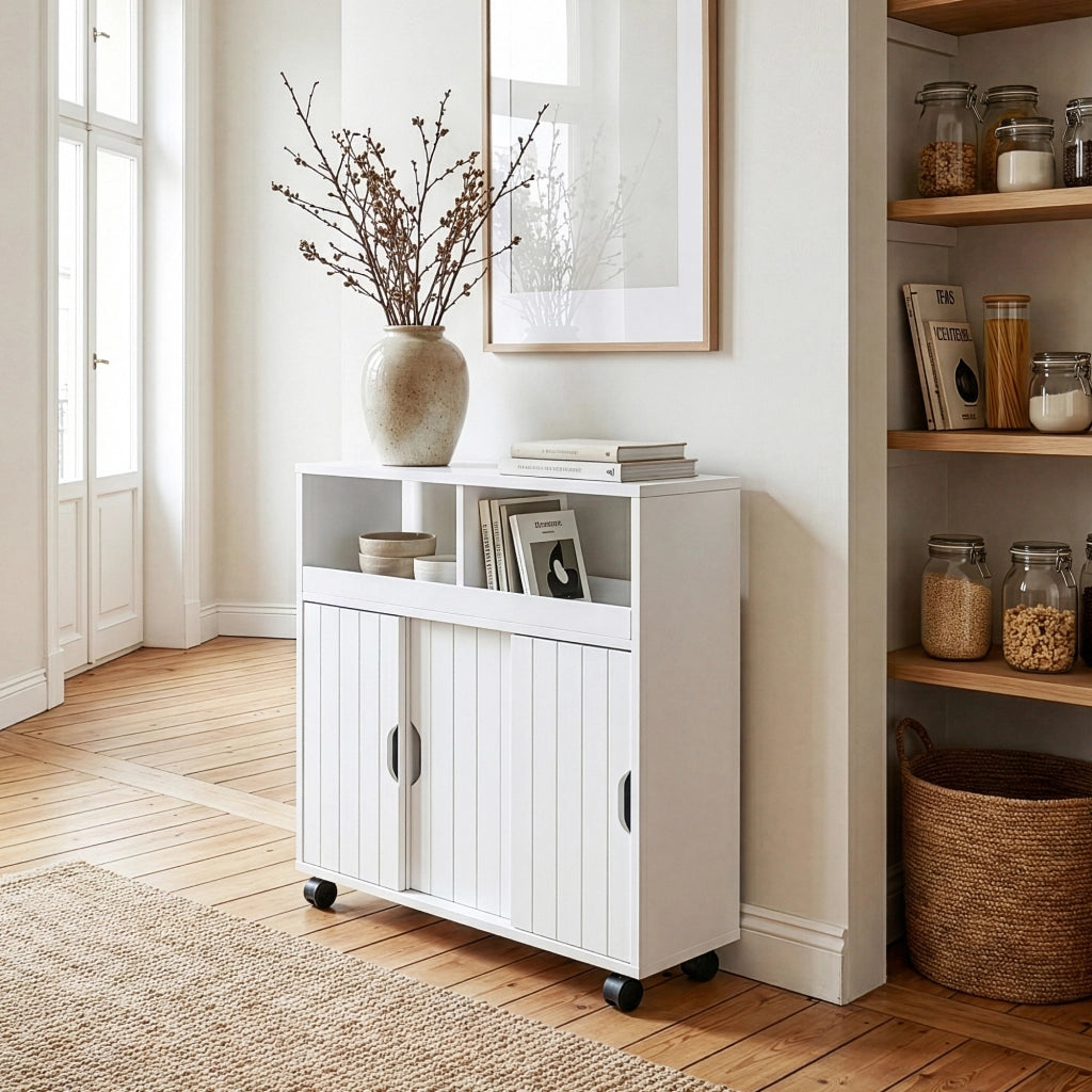 Armadietto Stretto Fadeskimma Mobile Contenitore con Rotelle e 3 Ante 72x70x20 cm Bianco [en.casa]