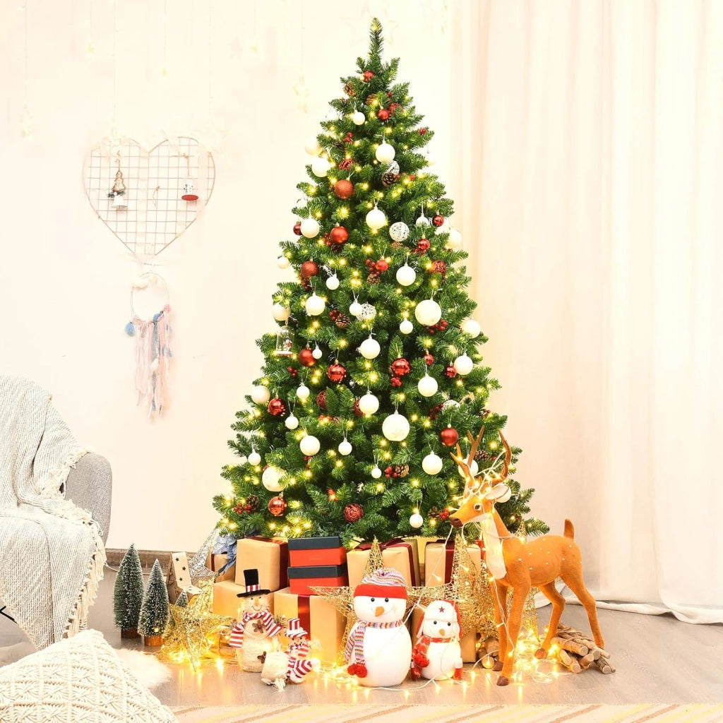 Albero di Natale Artificiale 135/195 cm in PVC, Albero di Natale con Luci LED Incorporate, Mele di Pino e Bacche Rosse, Christmas Tree per Casa, Negozio, Ufficio, Feste (L)