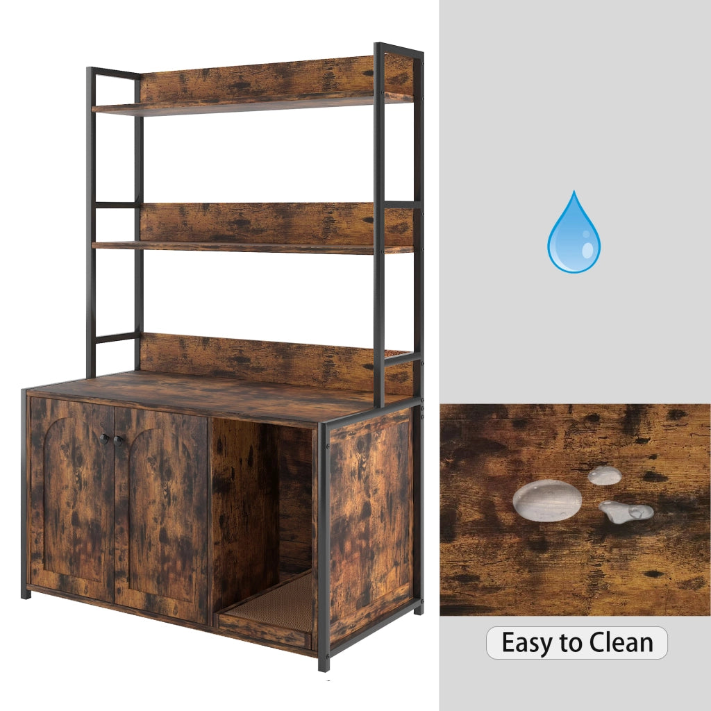 Mobile coperto per lettiera per gatti con scaffale a 3 ripiani e 2 ante in metallo e legno marrone 94.2 × 55.2 × 16.2 cm
