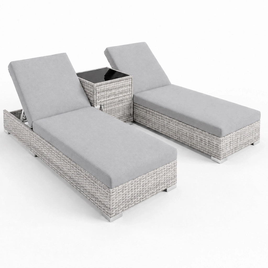 Set 2 Lettini Prendisole In Polyrattan Con Tavolino Contenitore E Cuscini Schienale Regolabile 5 Posizioni Sdraio Da Giardino Terrazzo Piscina Relax Outdoor Arredo Esterno 184 x 60 x 21 Cm Grigio Chiaro