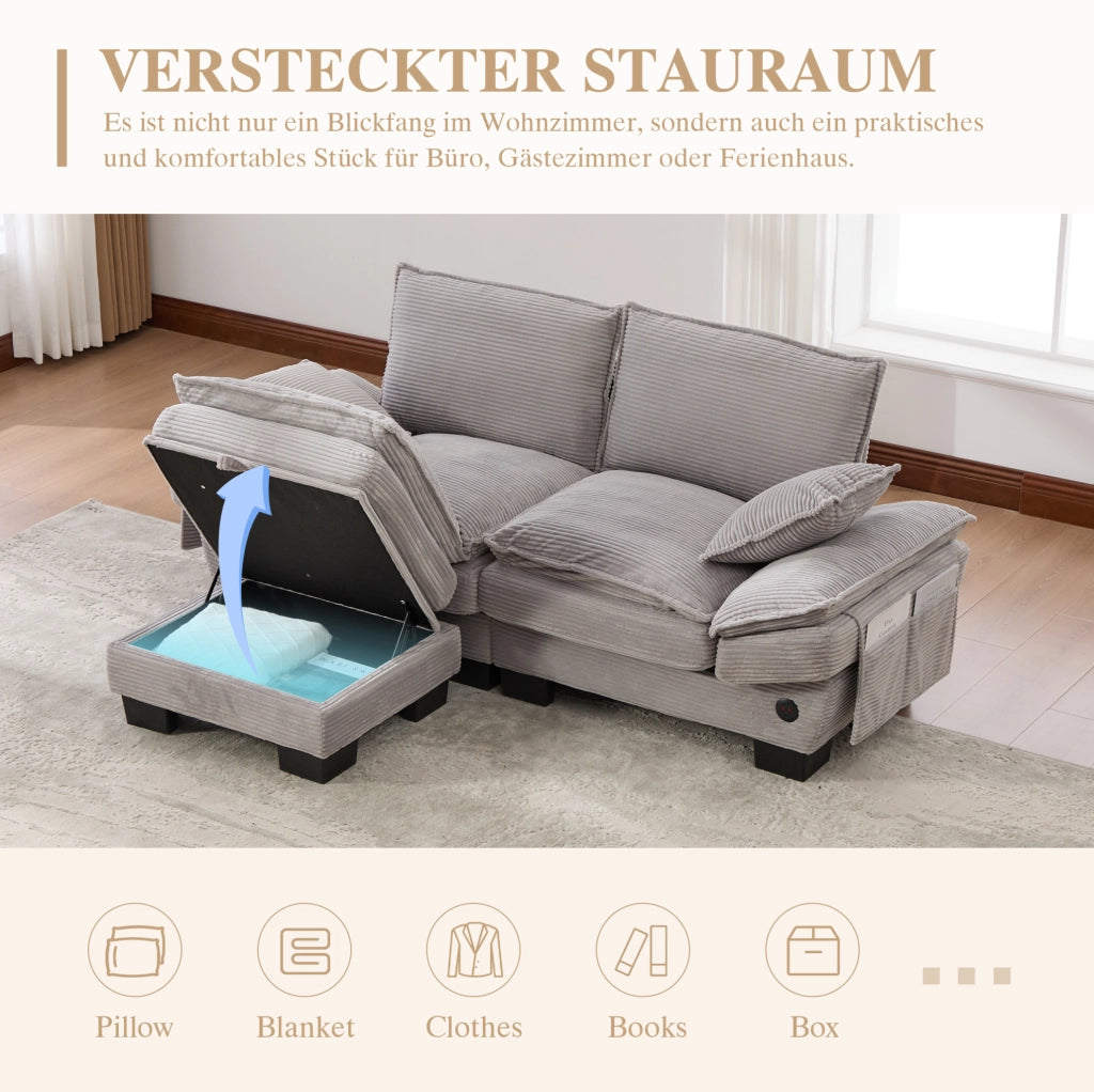 Divano 2 posti in velluto a coste con pouf contenitore; USB-C e tasche laterali; grigio chiaro