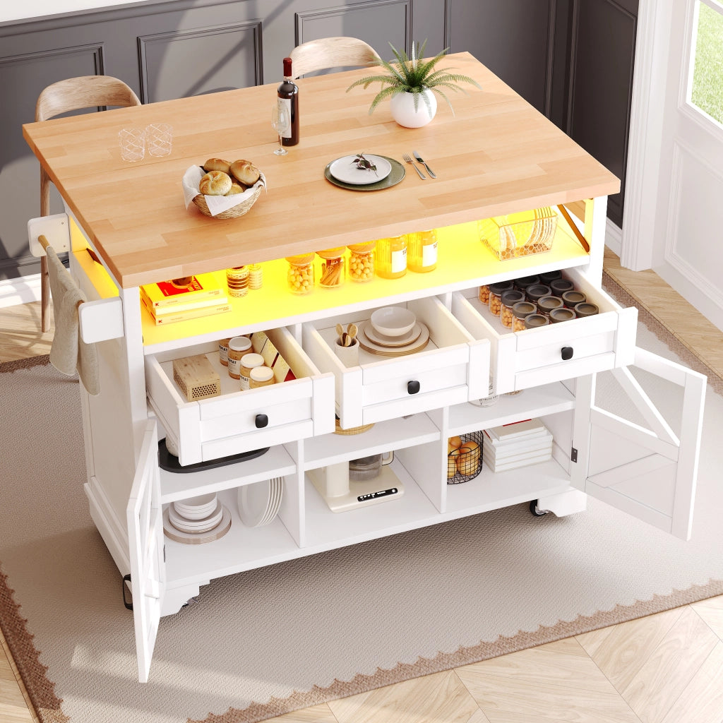 OKWISH Carrello da Cucina con 3 Cassetti e 2 Ante, Piano Pieghevole, Ripiani Regolabili e Ruote, Bianco