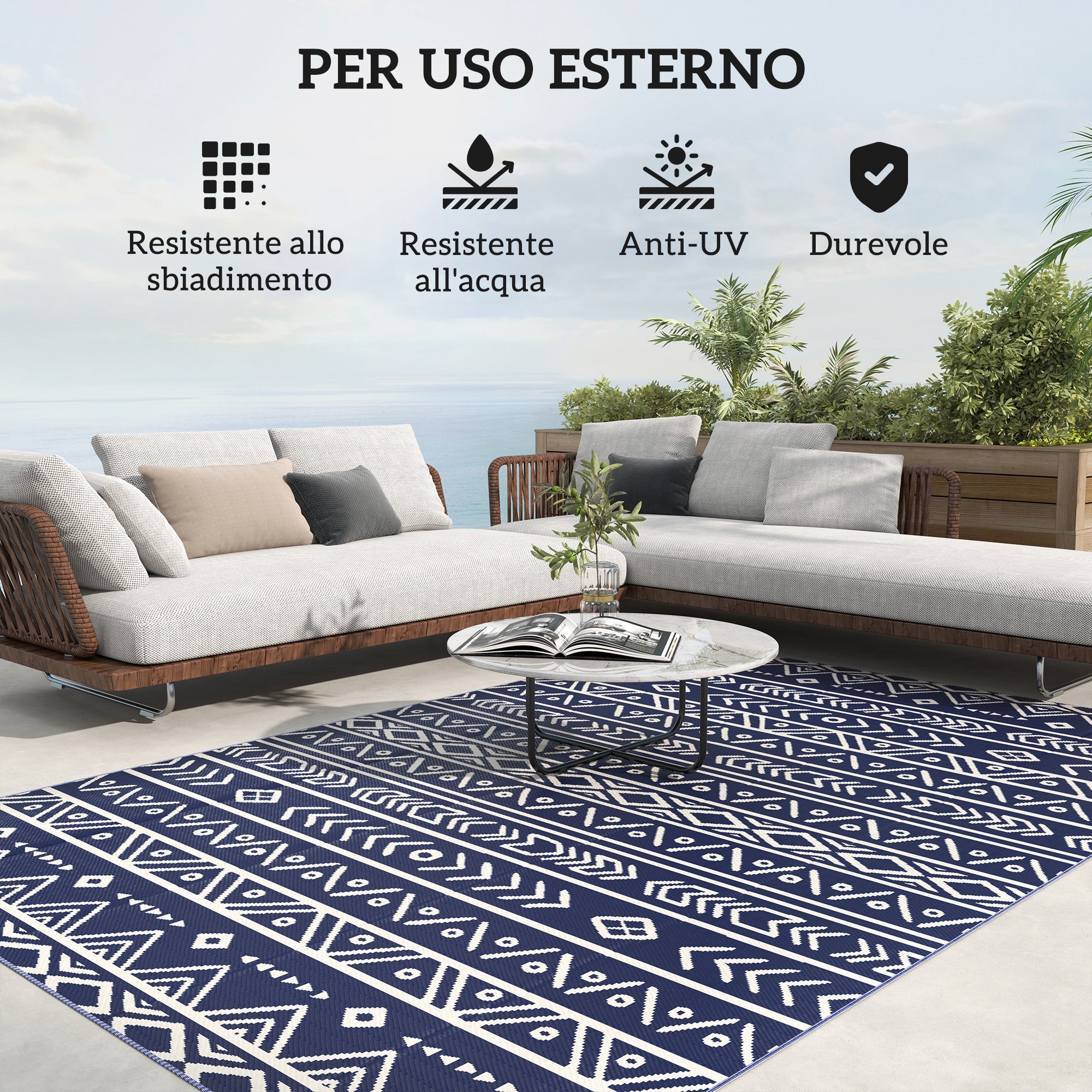 Tappeto da Esterno Reversibile 182x274 cm con Motivo Geometrico e Borsa Inclusa Blu e Bianco