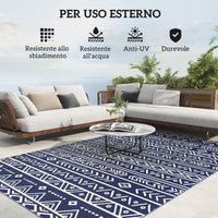 Tappeto da Esterno Reversibile 182x274 cm con Motivo Geometrico e Borsa Inclusa Blu e Bianco