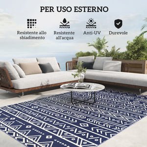 Tappeto da Esterno Reversibile 182x274 cm con Motivo Geometrico e Borsa Inclusa Blu e Bianco