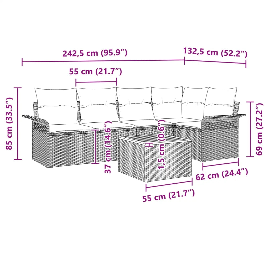 Set Divano da Giardino con cuscino 6 pcs Nero polyrattan