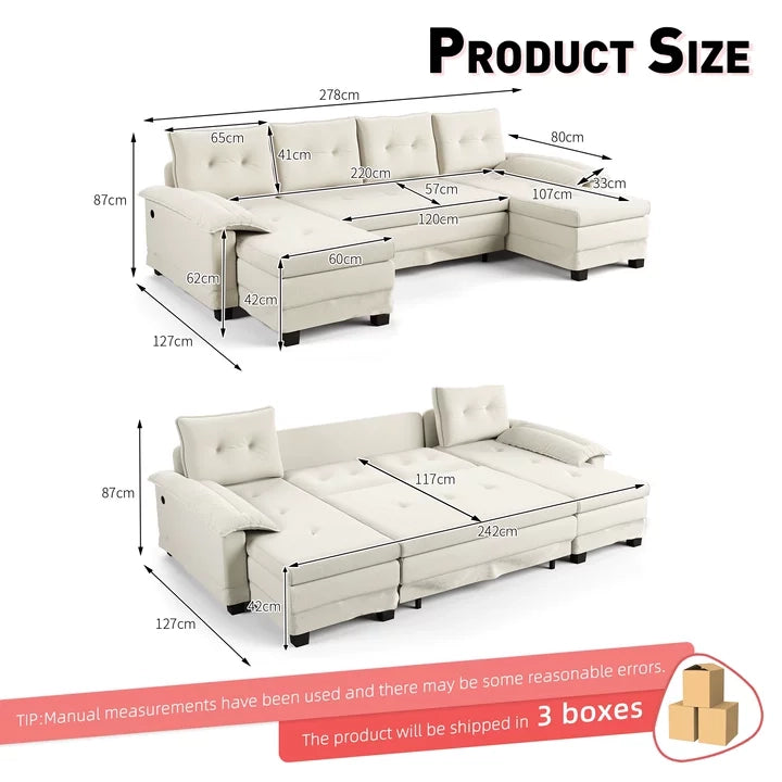Divano Angolare ad U con Letto Estraibile ¨C Xylo ¨C Crema, USB, 278 cm