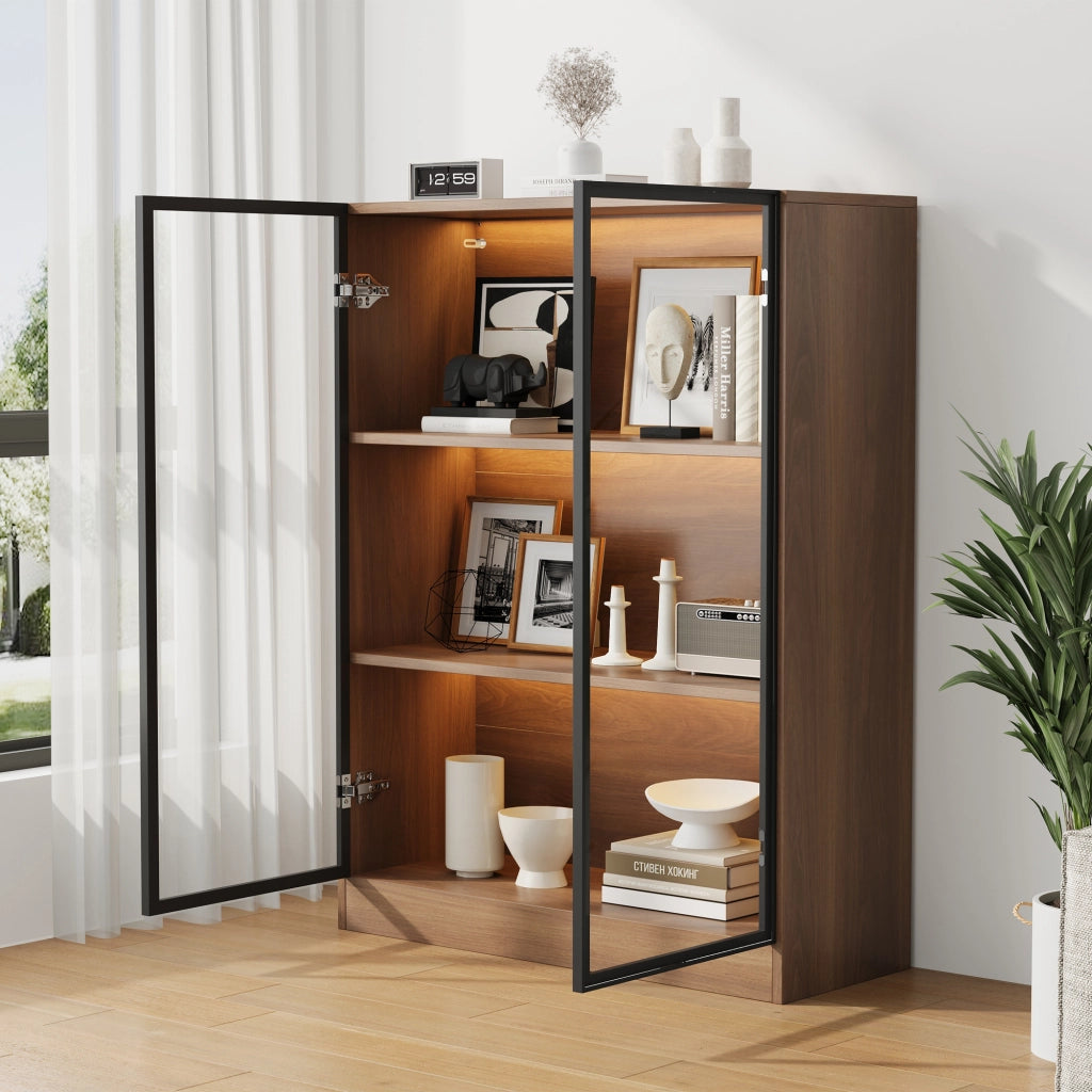 Vetrina in vetro con LED, finitura Natural Walnut, struttura in vetro e pannelli truciolari, 80 x 30 x 106 cm