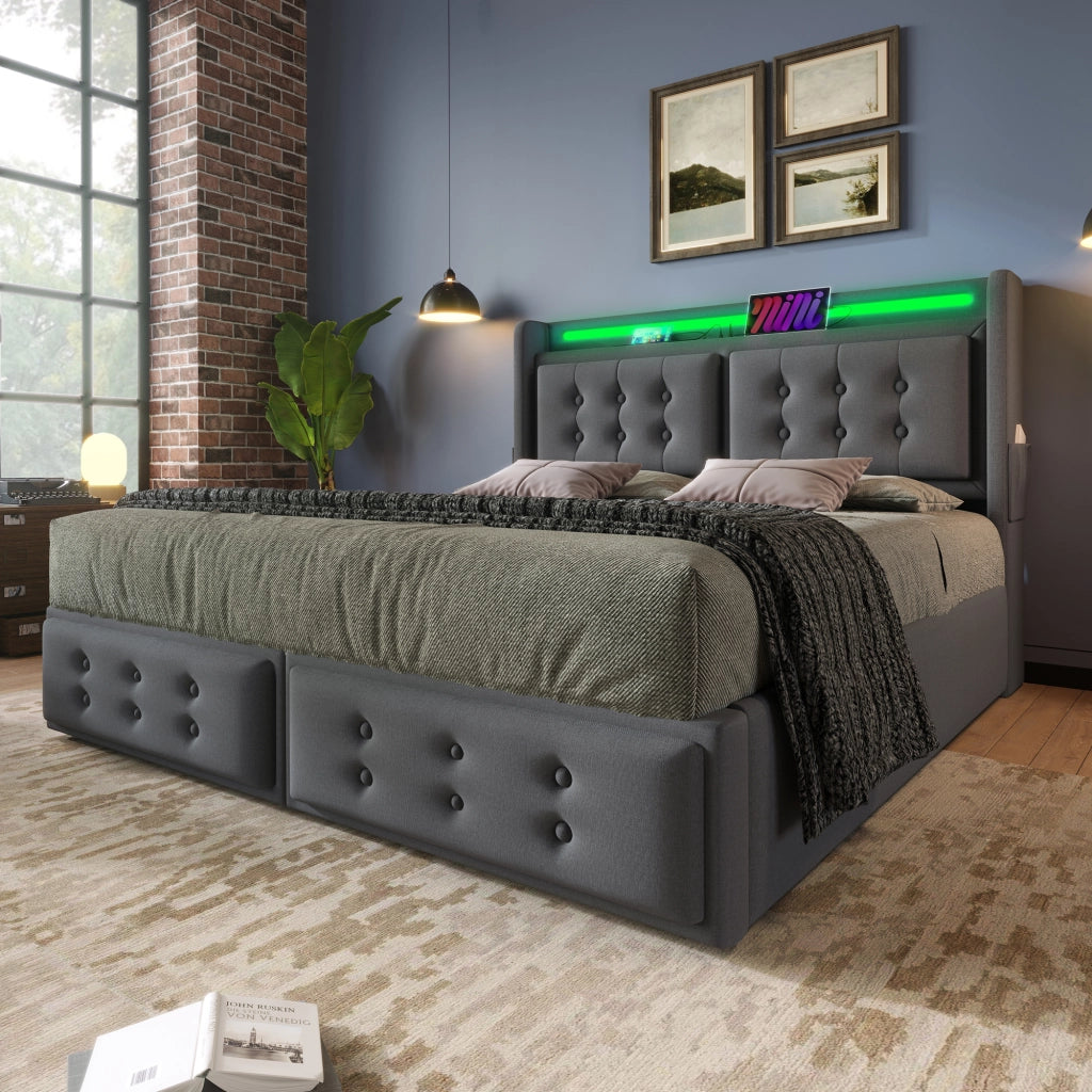 Letti contenitori 140x200 cm con LED e prese; cotone lino; grigio (Senza materasso)