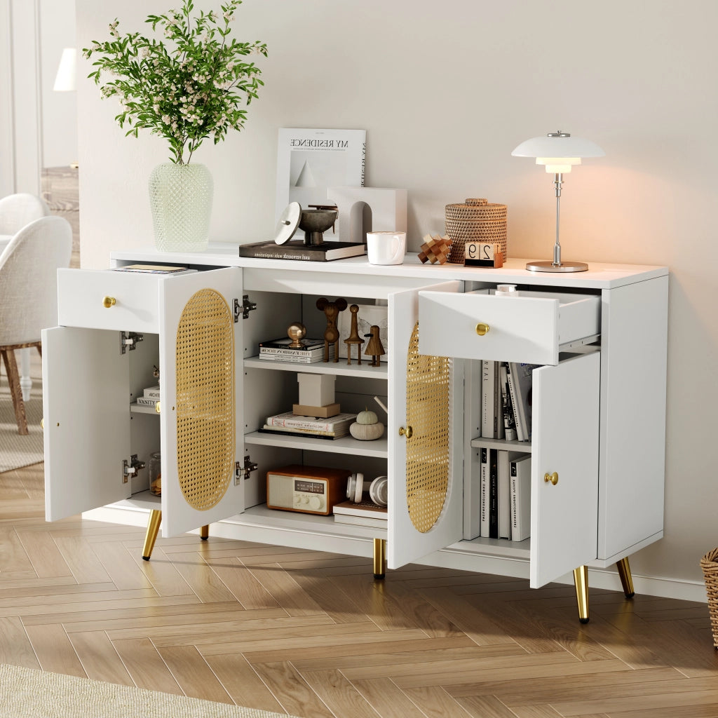 Comodino con 2 cassetti e 4 ante - Zephmum- Bianco e colori naturali, ripiani regolabili in altezza, 140x35x82 cm
