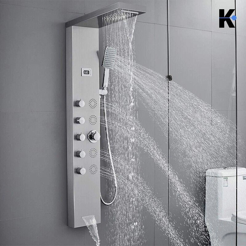 BERND | Pannello doccia premium a pioggia in acciaio inox | Sistema doccia massaggiante in argento spazzolato | Rubinetto miscelatore sistema
