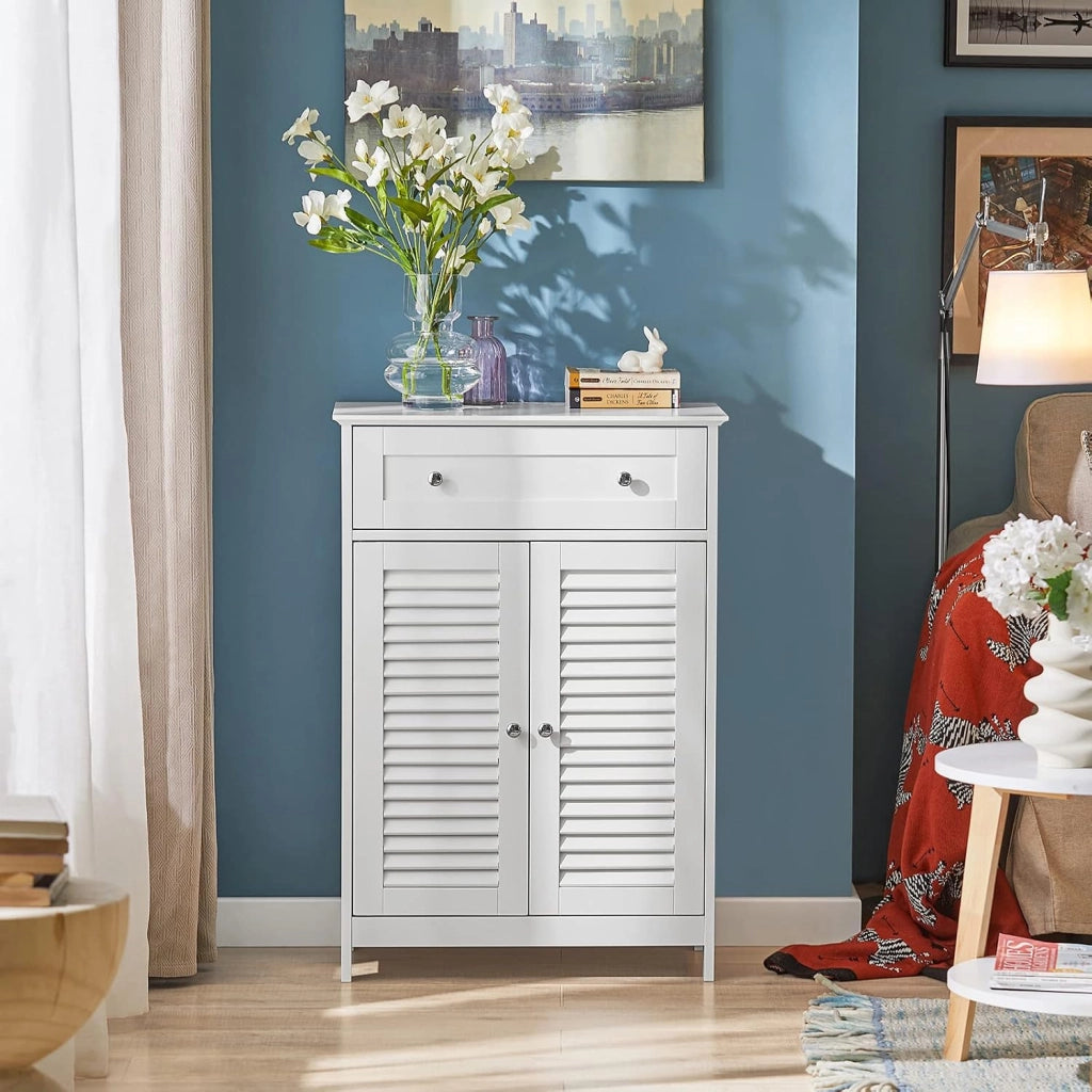 Mobiletto Base per Bagno o Ingresso, con Due Ante e cassetto, in Stile tapparelle,Bianco,FRG238-W,IT