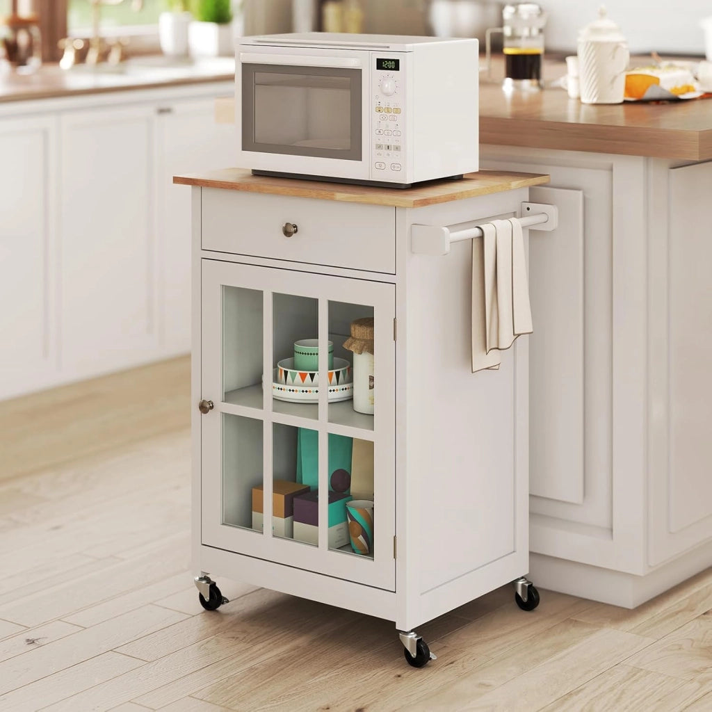 Carrello da Cucina, Armadietto Mobile con Piano in Legno di Gomma Ruote Bloccabili Cassetto e Porta Asciugamani, Carrello Isola da Cucina, 65x48,5x87,5 cm