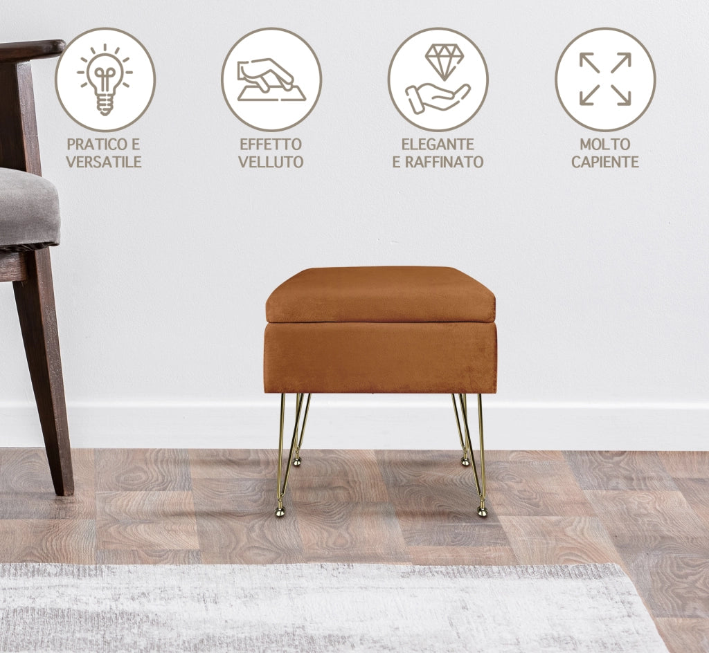 Pouf Panca Imbottita Divanetto In Velluto Contenitore PortaOggetti Panca Sgabello A Pie Di Letto Con Gambe In Metallo Dorato Cassapanca Scarpiera Ingresso Legno Massello Panchina  - Ruggine