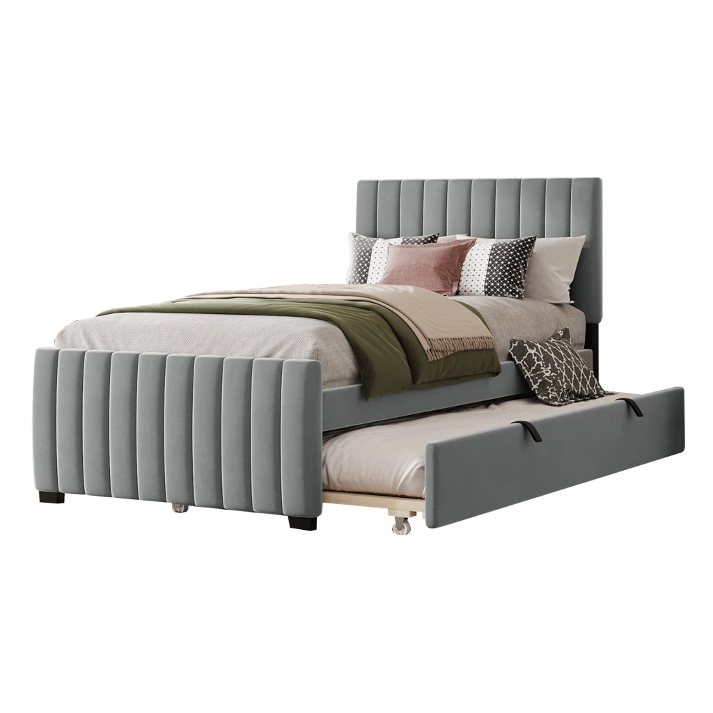 Letto imbottito singolo 90x190 cm con letto estraibile in velluto grigio