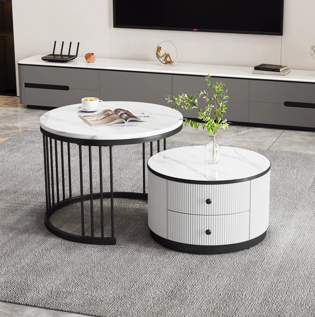 Set 2 tavolini da caffè rotondi con 2 cassetti; effetto marmo lucido; MDF; bianco/nero