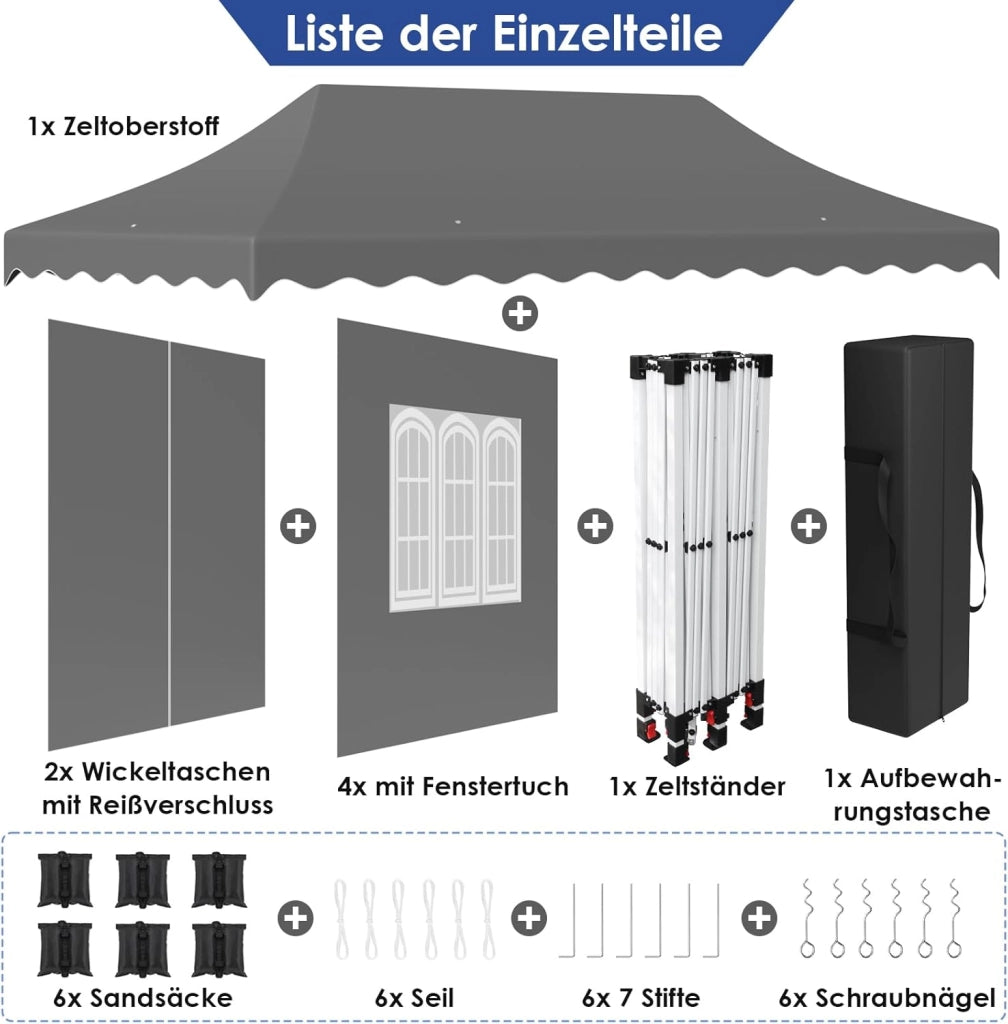 Gazebo 3x6 Pieghevole Impermeabile Esterno Con 6 Pareti Laterali, Tenda Protezione UV 50+, 12 Chiodi Rettificati e 6 Corde - Per Campeggio/Matrimoni, Grigio
