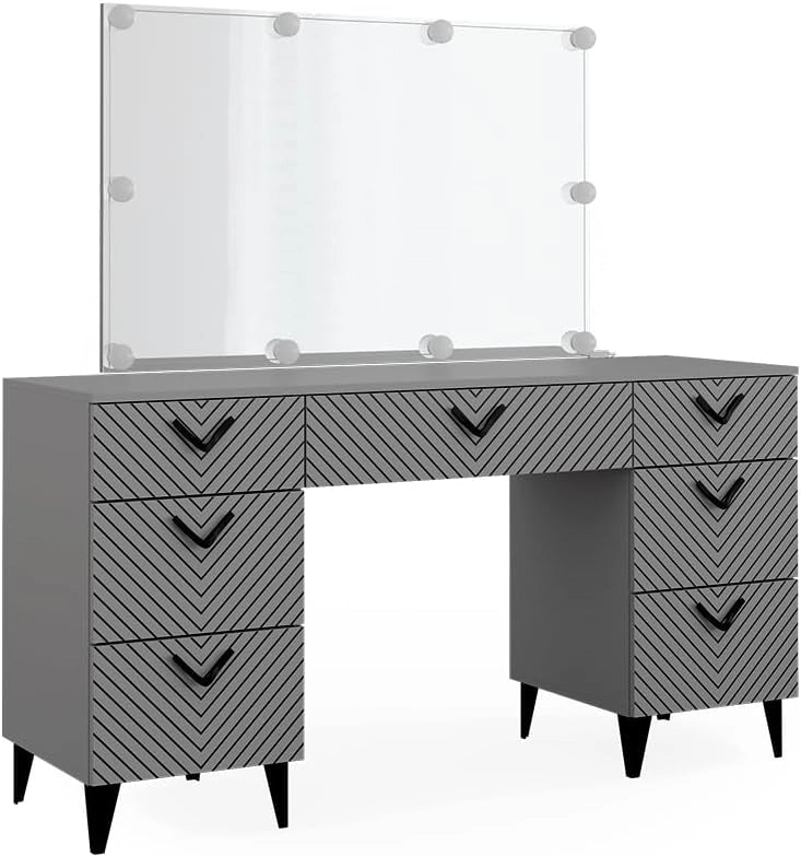 Tavolo da toeletta Anett, Grigio, 150 cm con illuminazione a LED, Cassetti per organizzare nel disordine