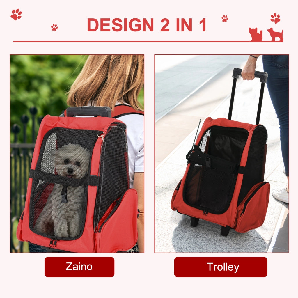 Trasportino Zaino 2 in 1 per Cani e Gatti con Tasche e Ruote ¨C zephmum ¨C 42x25x55cm Rosso