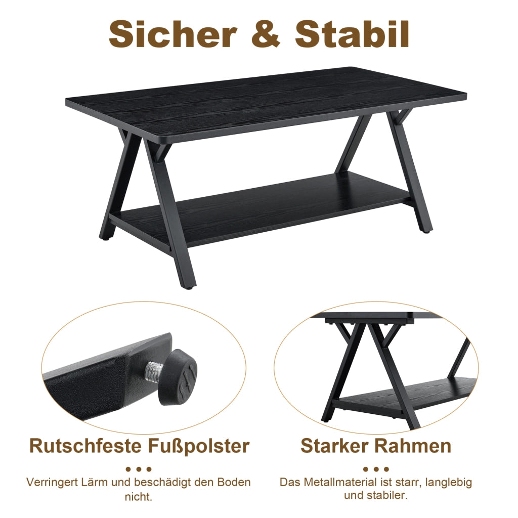 Tavolino da caffè industriale con ripiano; MDF e metallo nero; 110x57x44;5 cm