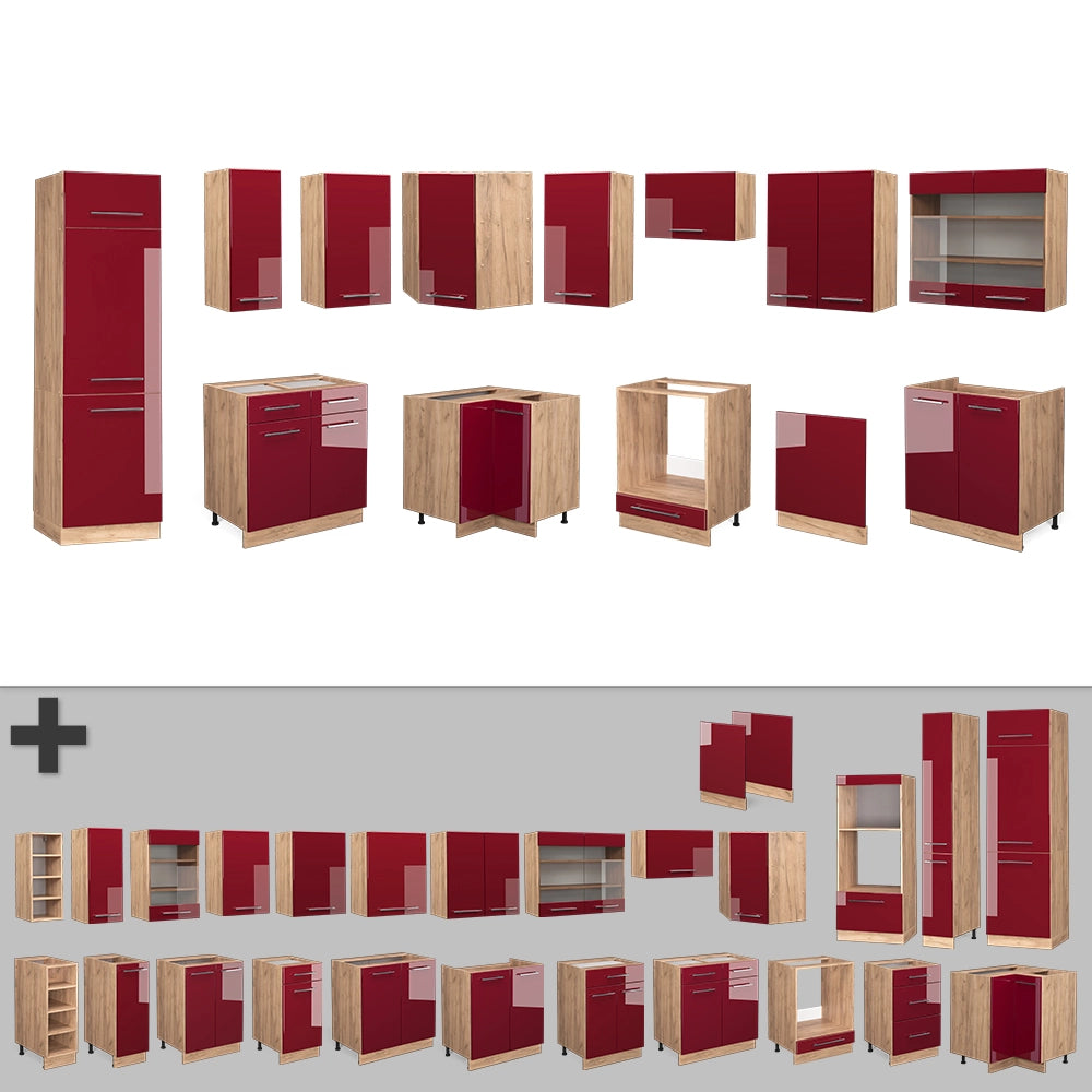 Vicco Cucina angolare completa Bordeaux lucido/rovere dorato 227 x 287 cm , PL Antracite