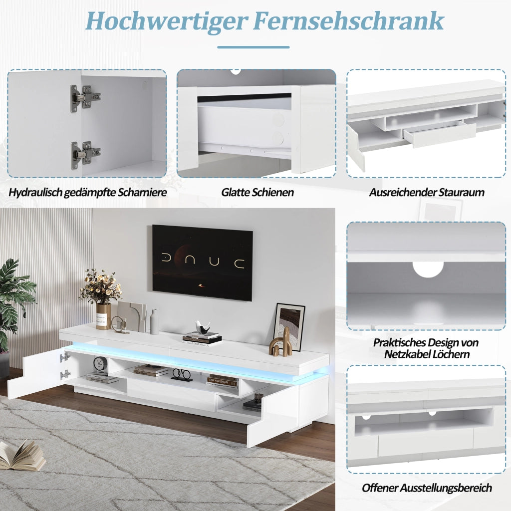 MOBILE TV con LED 175x38x45 cm Bianco lucido con 2 ante e 1 cassetto