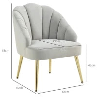 Poltrona in Velluto da Camera e Salotto a Conchiglia Stile Art Deco, Acciaio, 63x65x84 cm, Grigio
