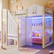 Letto a castello bianco e naturale in pino con luci LED 90x200 cm
