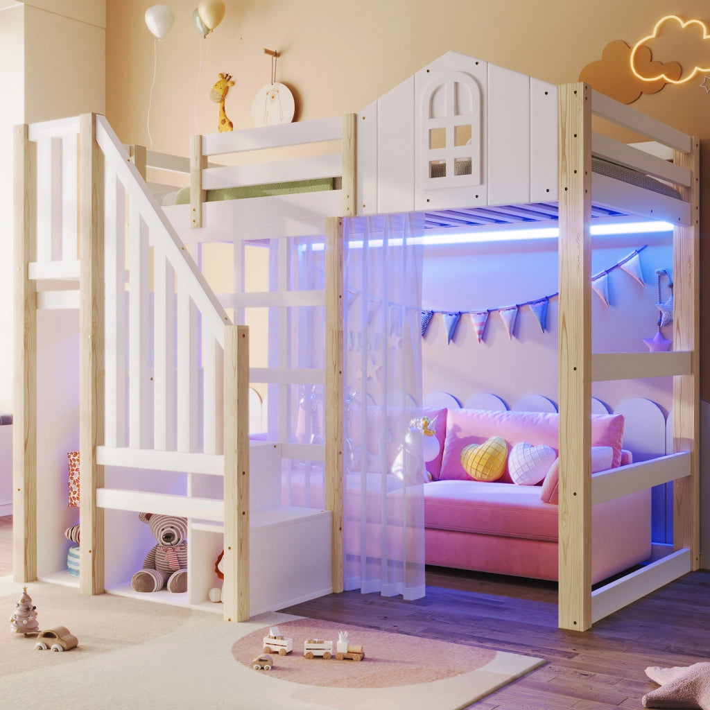 Letto a castello bianco e naturale in pino con luci LED 90x200 cm