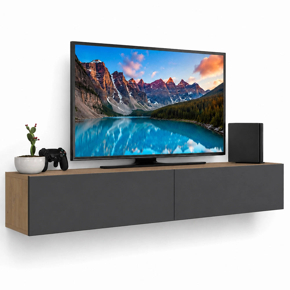 Mobile Porta Tv Sospeso da Salotto Mobiletto 2 Cassetti Antracite 135x31.5x25cm
