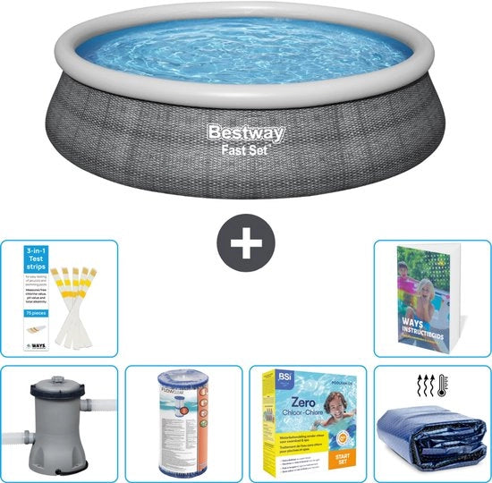 Piscina Opblaasbar Rond Fast Set con Stampa Rattan - 457 x 84 cm - Inclusa Pomp e Filtro - Kit di Manutenzione - Velatura Solare - 7 pezzi