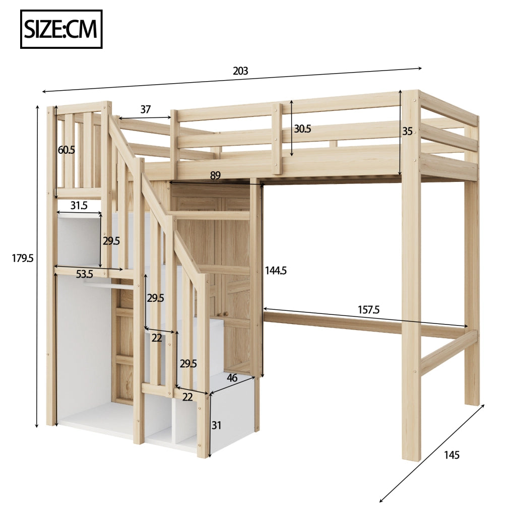 Letto a soppalco 90x200 cm in legno colore naturale con armadio e scala con spazio contenitivo