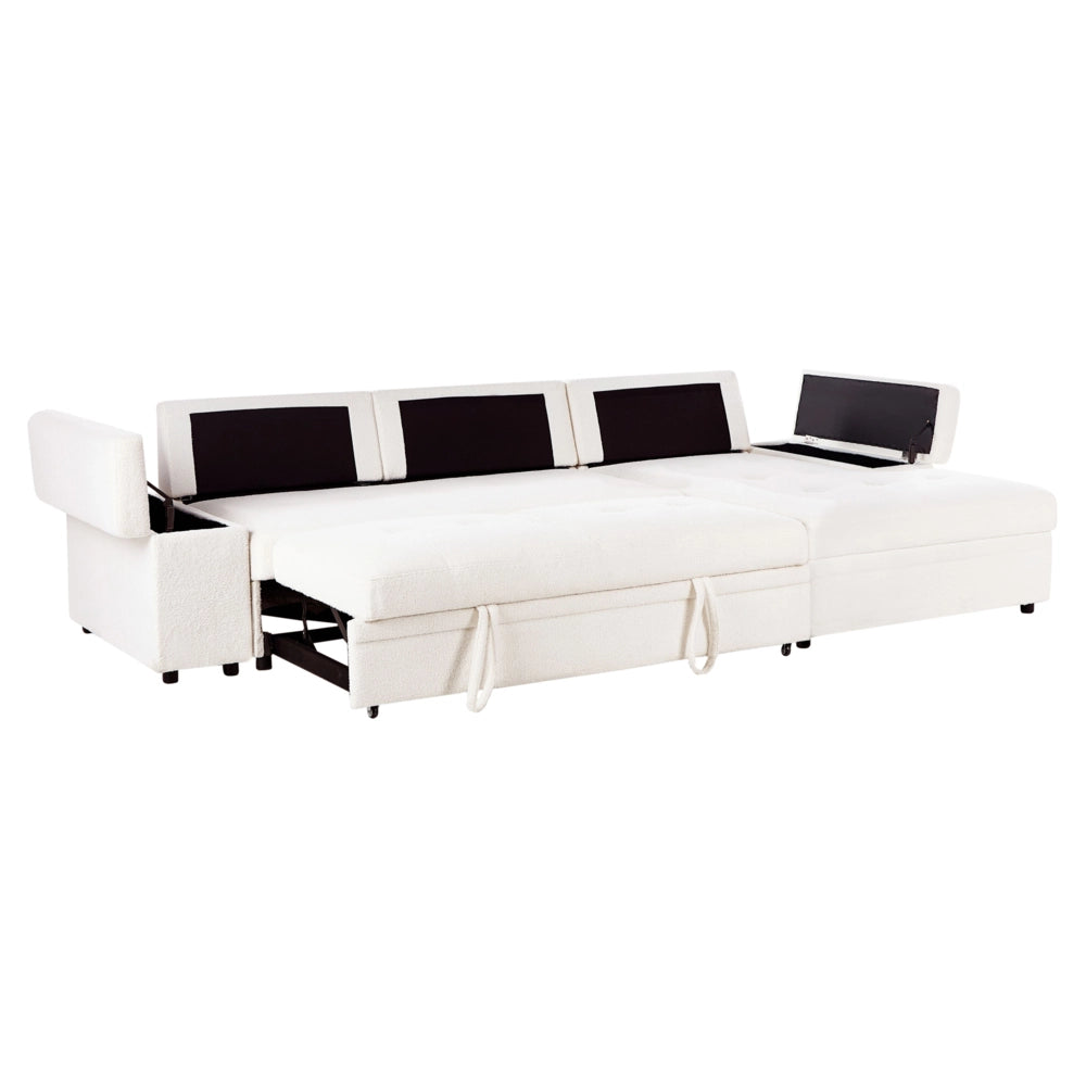 Divano letto angolare Bianco Boucle imbottito Orientamento a sinistra con letto contenitore