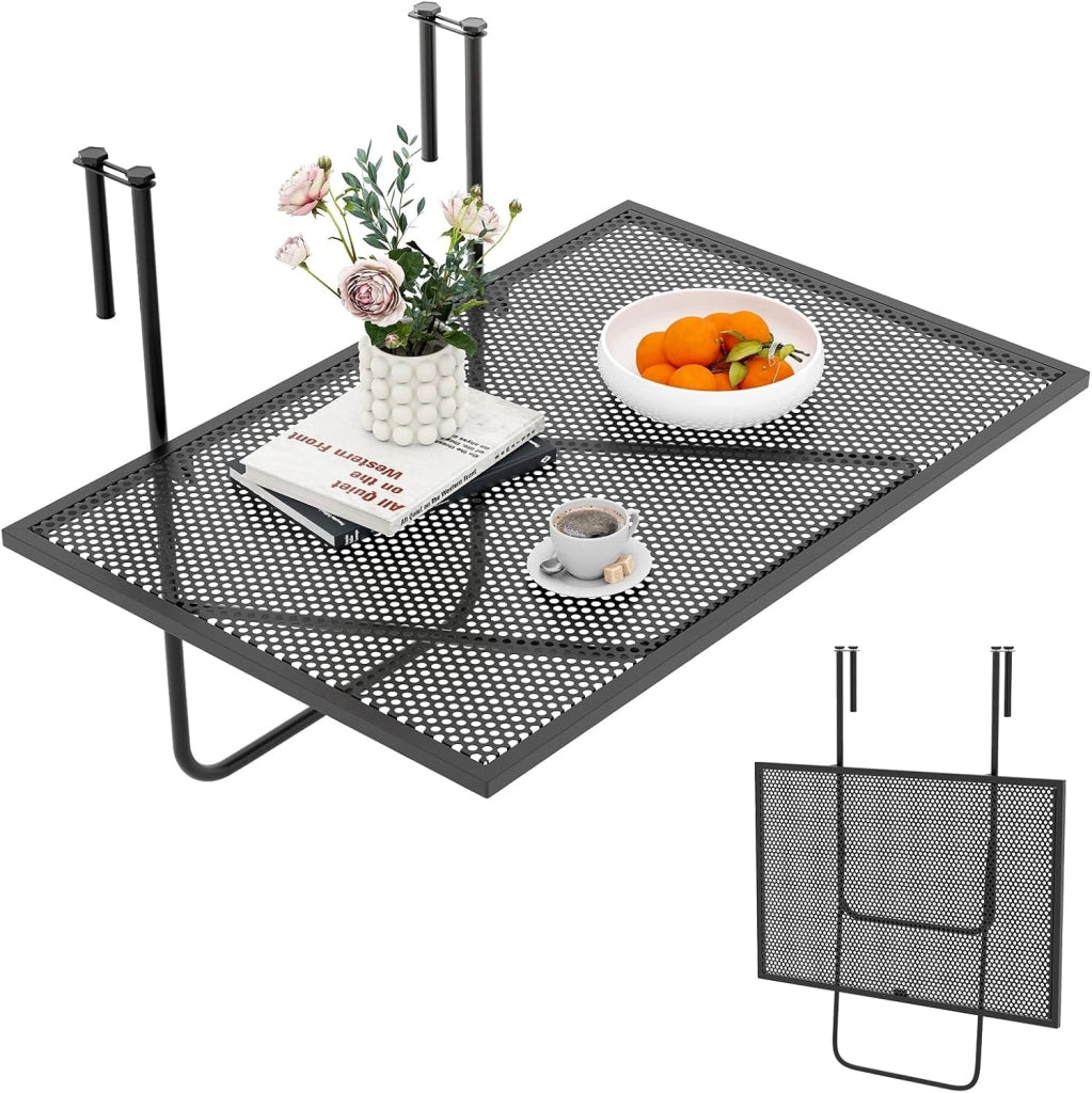 Tavolino da Balcone, Tavolino Sospeso Pieghevole con Struttura in Metallo, Tavolo Salvaspazio da Ringhiera per Patio e Terrazzo, Portata 23 kg, 60,5 x 50,5 x 51 cm