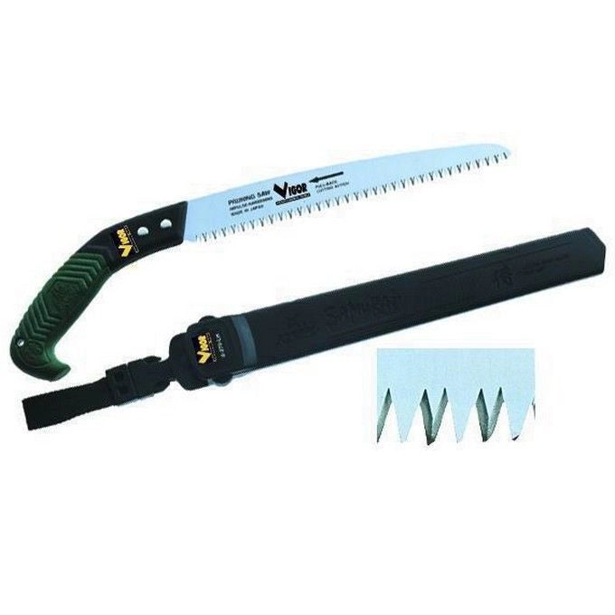 Vigor S-270 LH Kanzawa Segaccio da Potatura Lama Fissa 270 mm Denti Temperati HRC 67-68 Tripla Affilatura Manico Gomma Antiscivolo con Fodero Regolabile