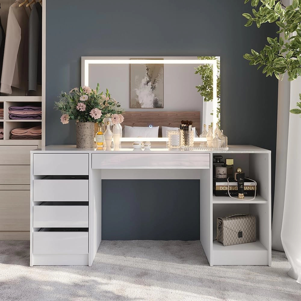 Tavolo da toeletta Sherry, Bianco/bianco lucido, 158.2 cm con specchio LED