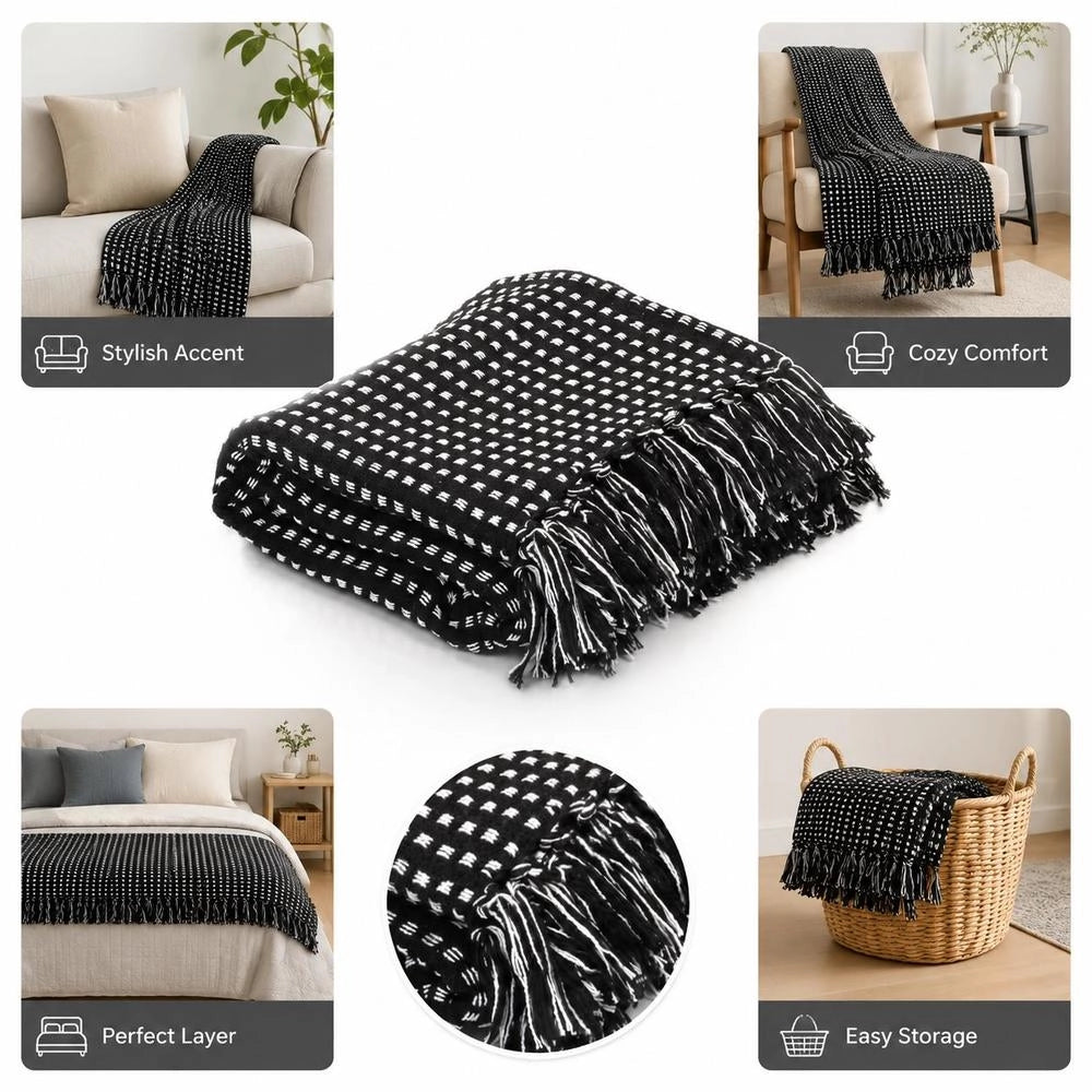 Cotton Throw, Checkered Pattern, 220x250 Cm, Black