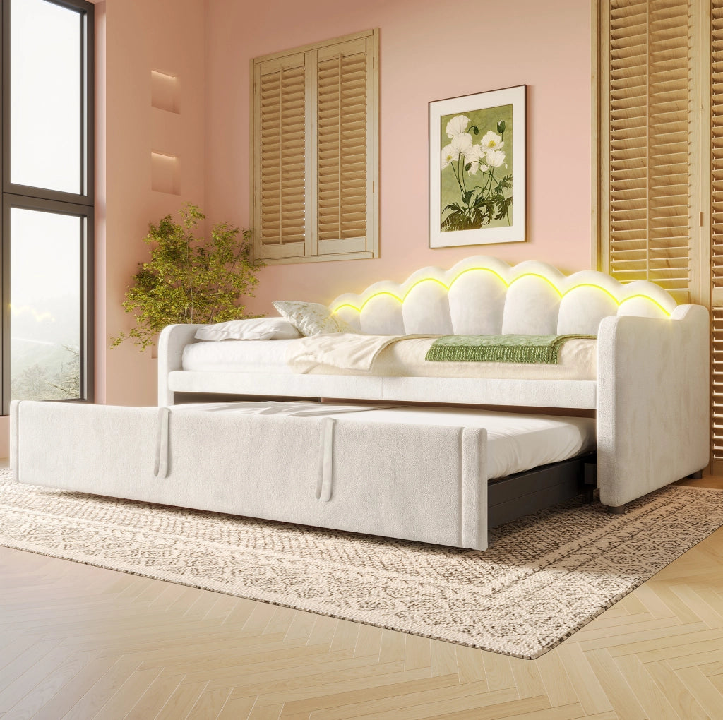 Divano letto estraibile in velluto con LED, beige, 90x200 cm