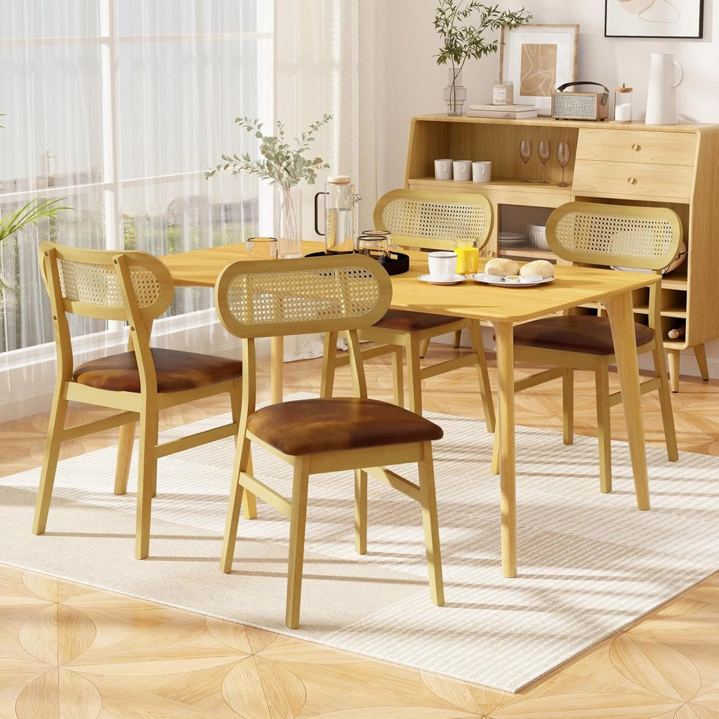 Set di 2 sedie da pranzo, sedie da cucina in similpelle con seduta imbottita, schienale in rattan PE, telaio in legno di gomma, sedia senza braccio per sala da pranzo, soggiorno (marrone