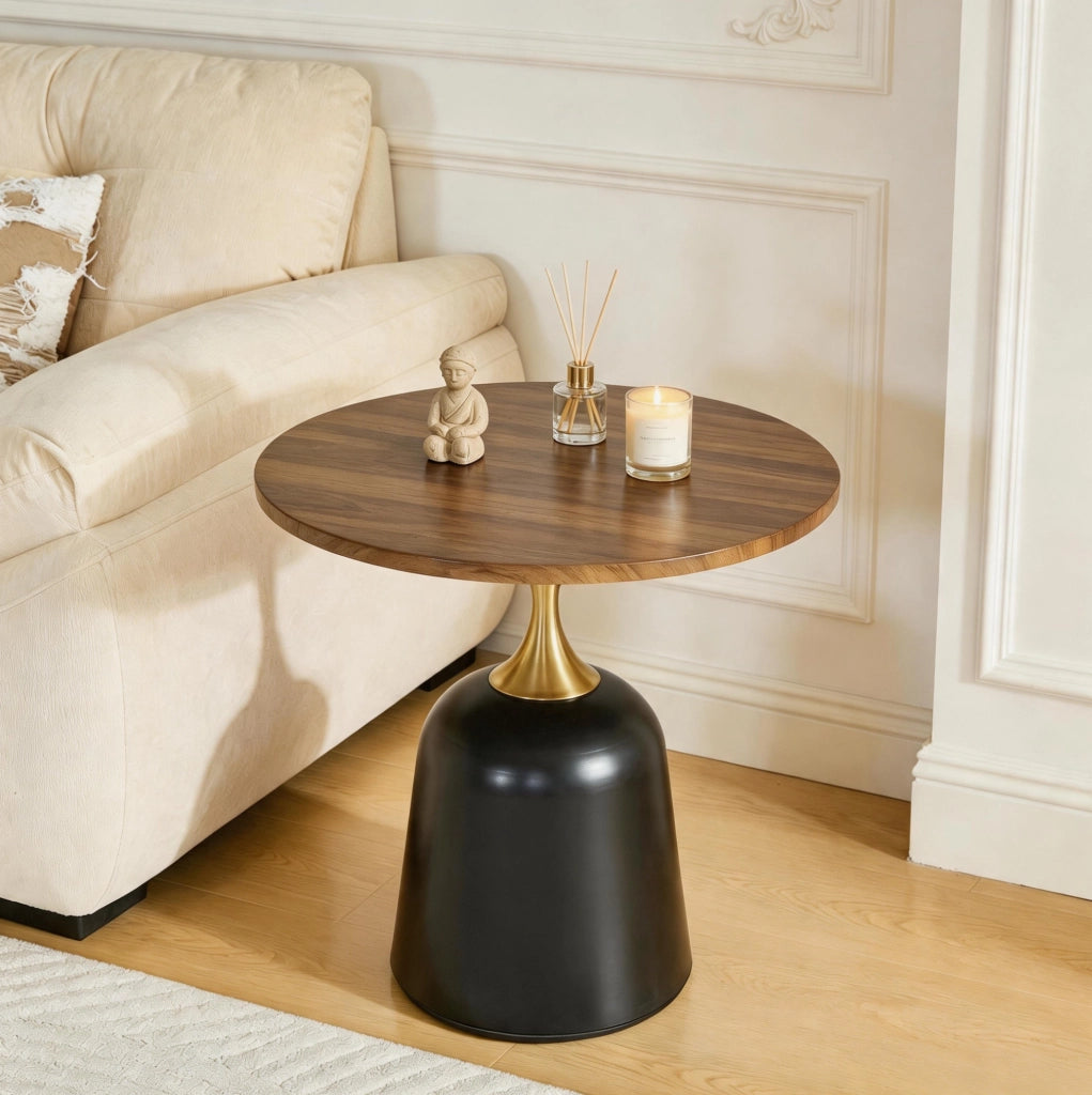 Tavolino rotondo nordico in melamina noce e nero con base in metallo