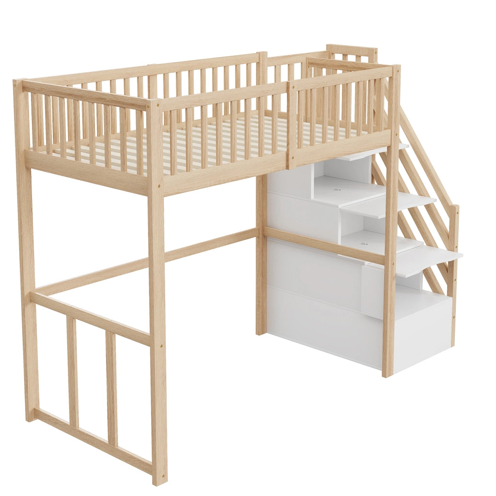 Letto a soppalco 90x200 cm in legno naturale con scala contenitore
