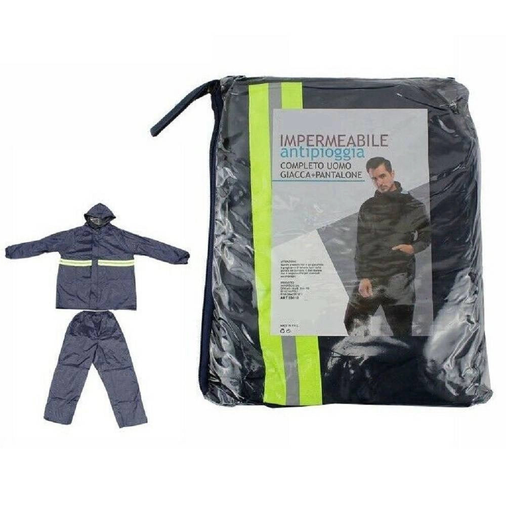 Trade Shop - Giacca Mantella Impermeabile Pvc Anti Pioggia Con Cappuccio Pantaloni Uomo 59018 -