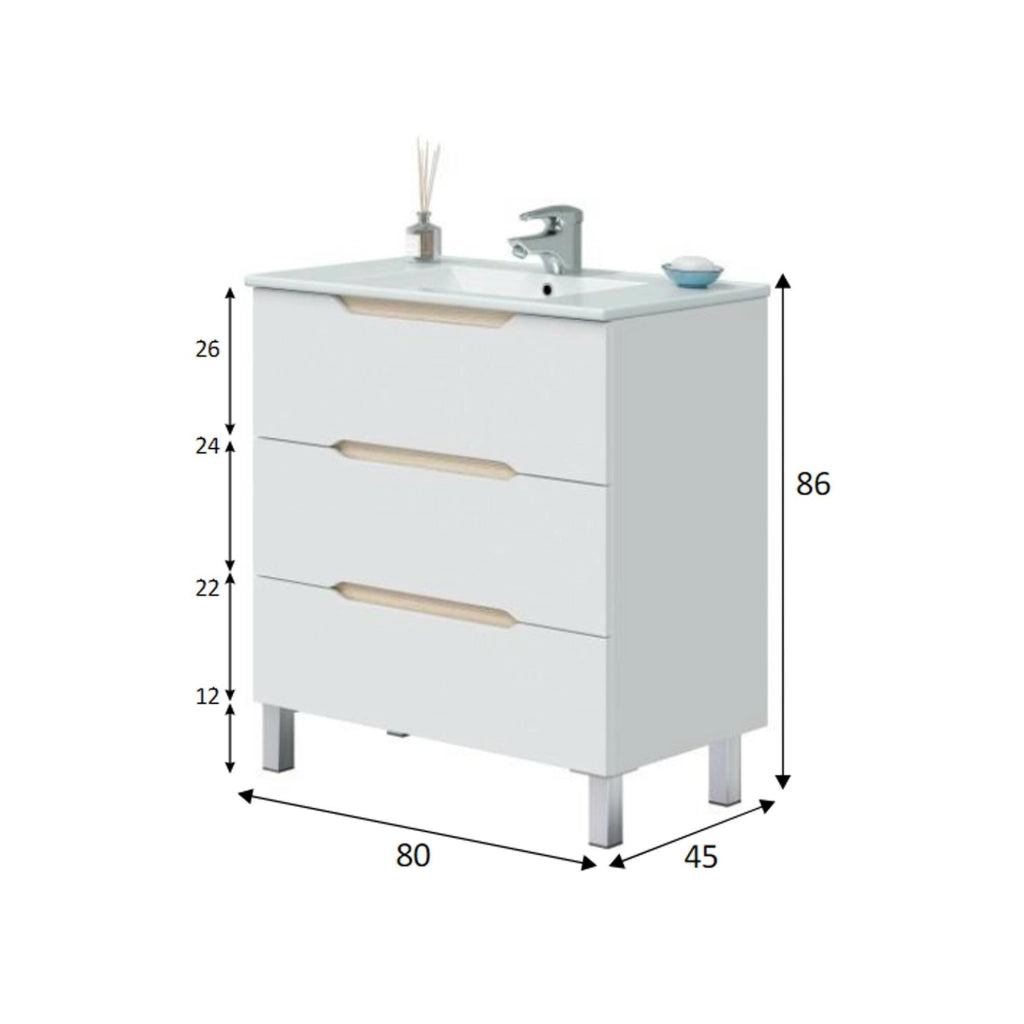 Mobile sottolavabo Dianmu, Mobiletto da bagno, Contenitore porta lavabo, Armadio per lavandino, 80x45 h86 cm, Bianco lucido e Rovere