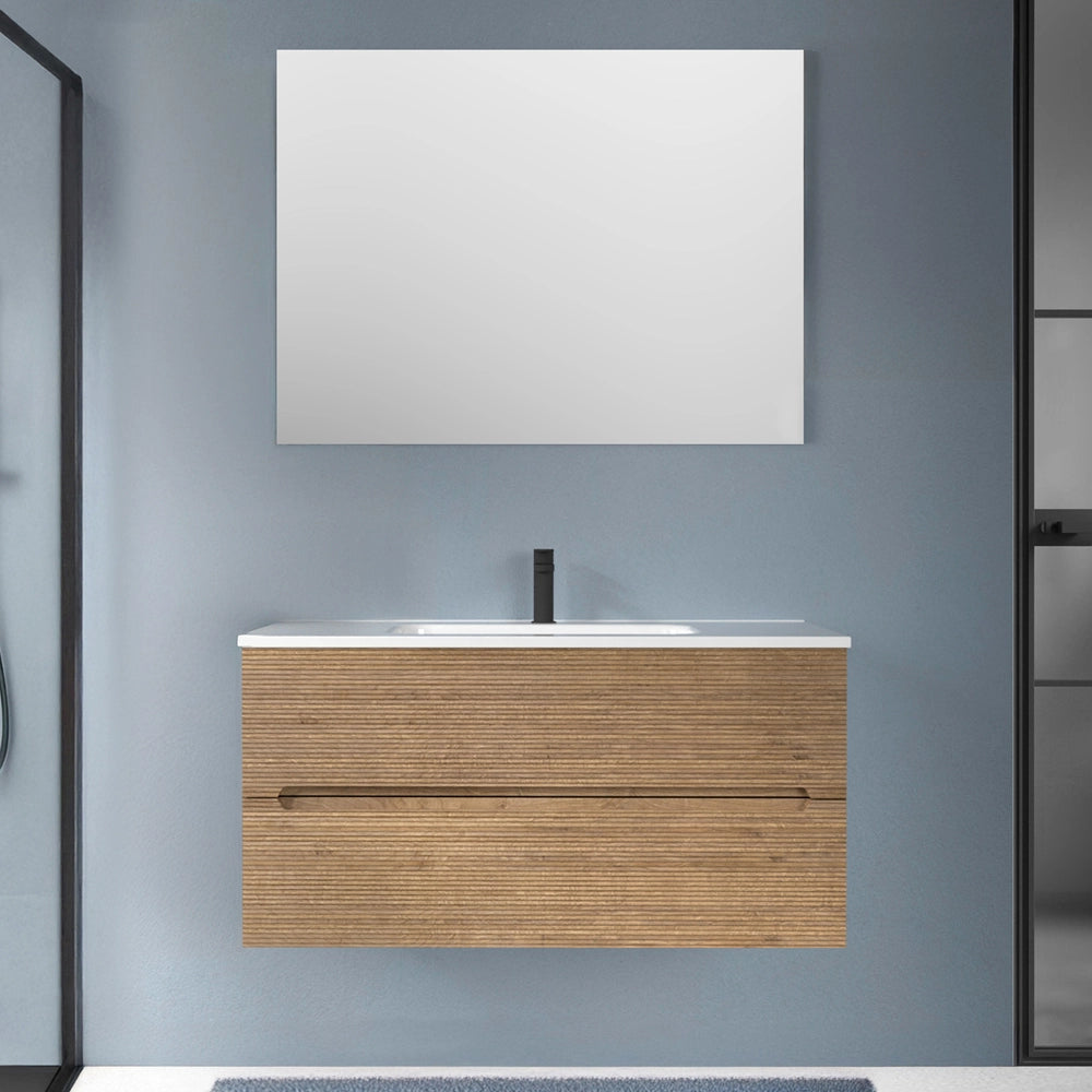 Mobile bagno sospeso 100 rovere cannettato 2 cassetti lavabo e specchio Rigo