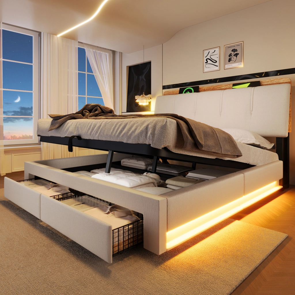 DESMIU Letto contenitore 140 × 200 cm 2 posti con USB, Type-C, LED, contenitore, senza materasso, beige