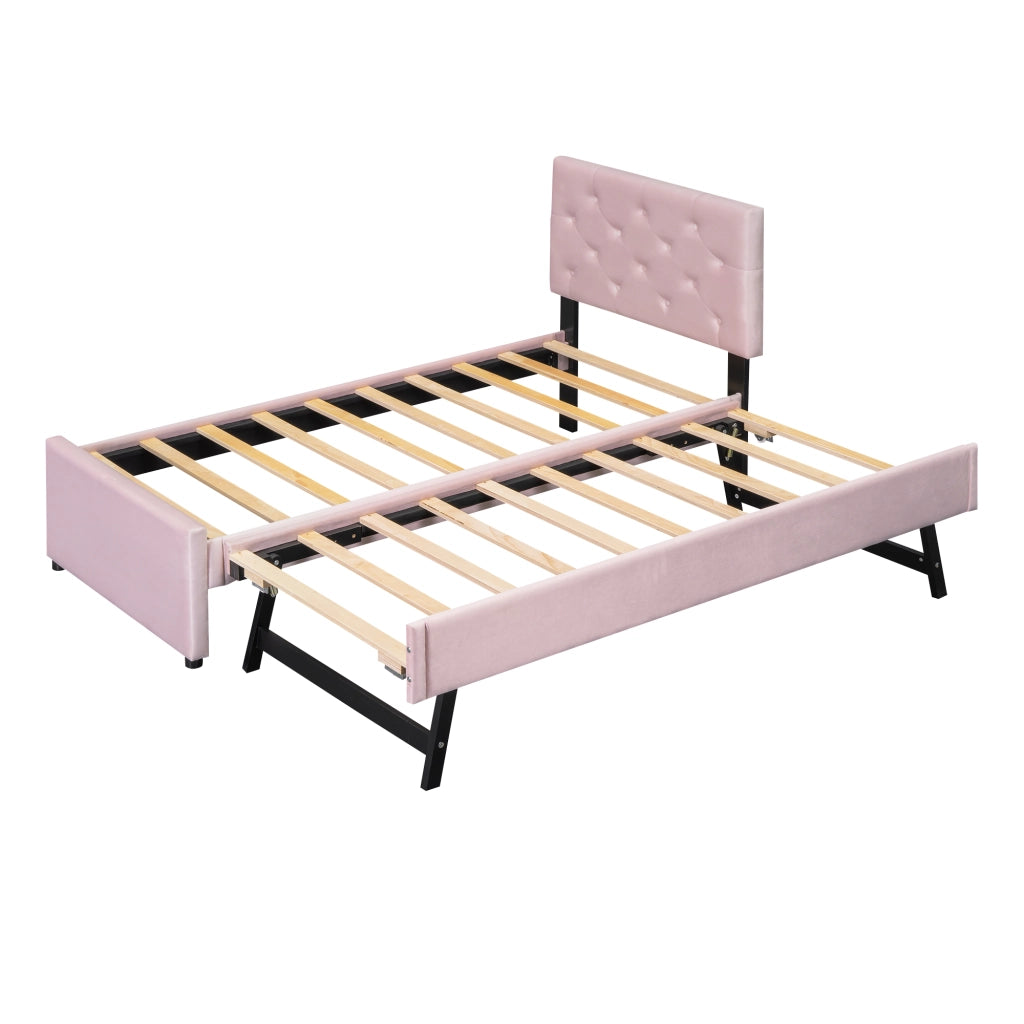 OKWISH Letto a scomparsa 90×200 cm, Letto Singolo con Letto Estraibile reversibile, Testiera con Bottoni e Rete, senza Materasso, Velluto, Rosa