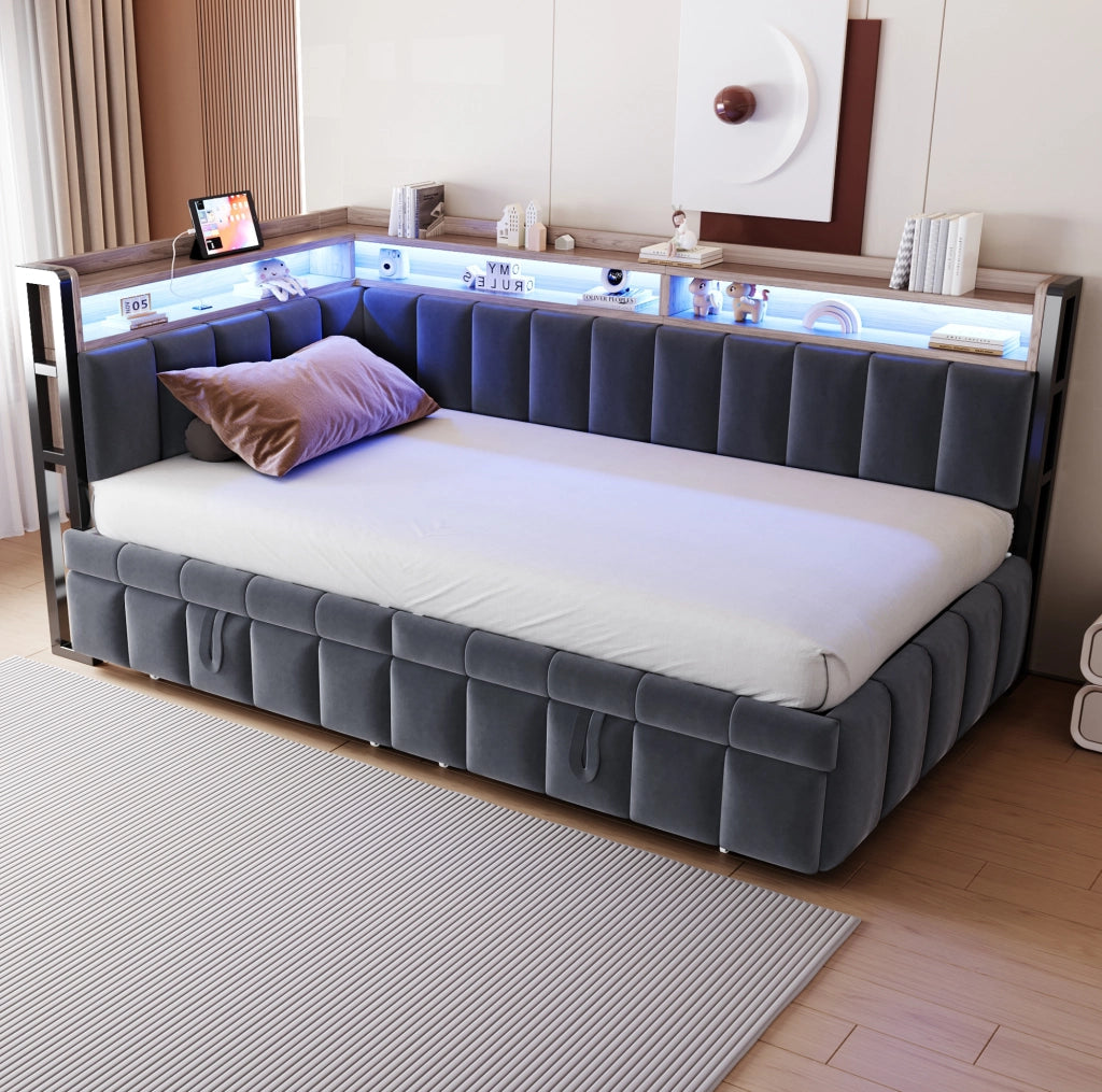 Divano letto estraibile 90x200 cm con LED, USB e USB-C