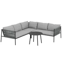 Salotto da Giardino in Rattan con Divano Angolare Modulabile, Tavolino da Caffè e Cuscini, Grigio