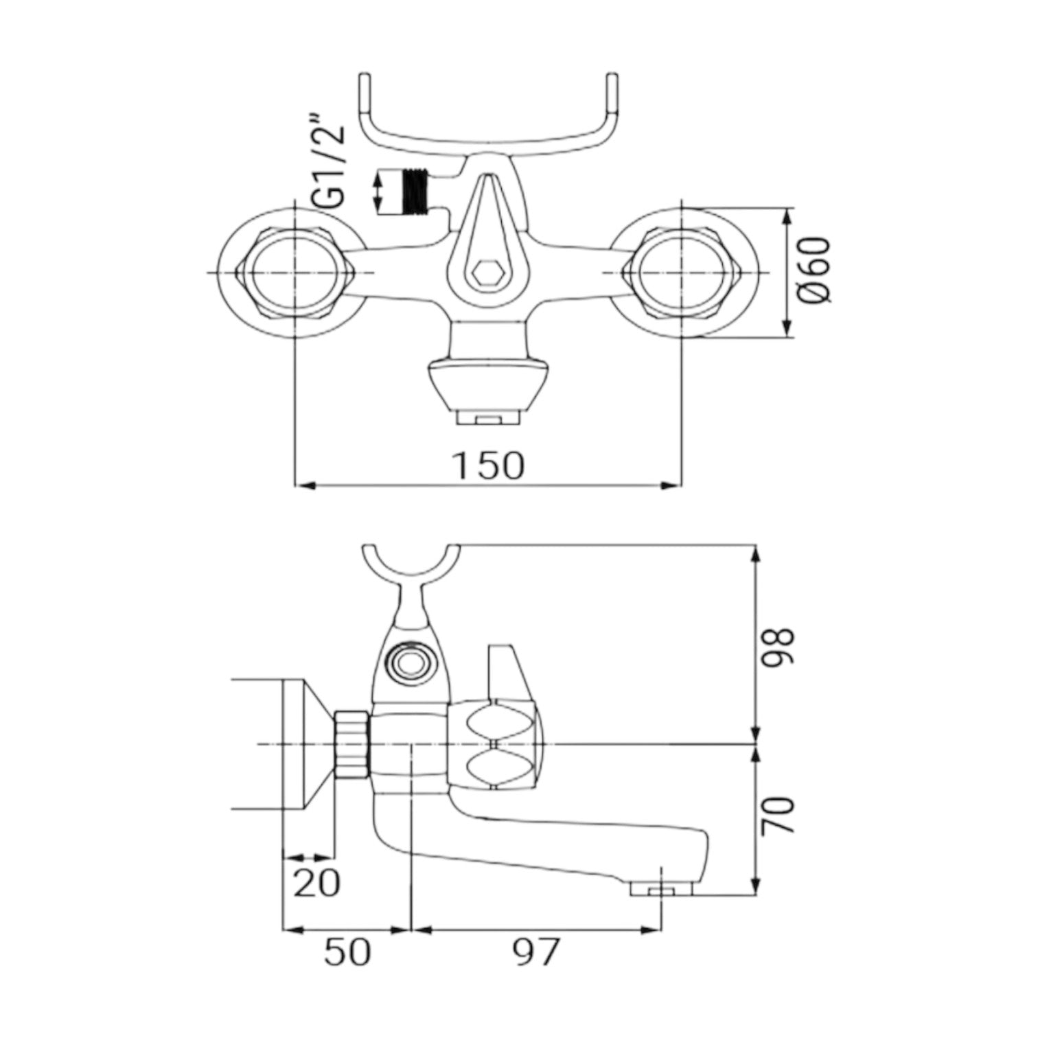 Rubinetto vasca cromato con maniglie tonde